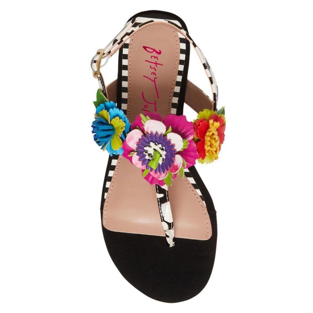 Betsey Johnson Black Sandals with Colorful Floral Accents